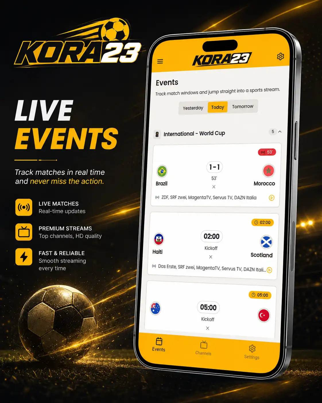 واجهة المباريات في تطبيق Kora23